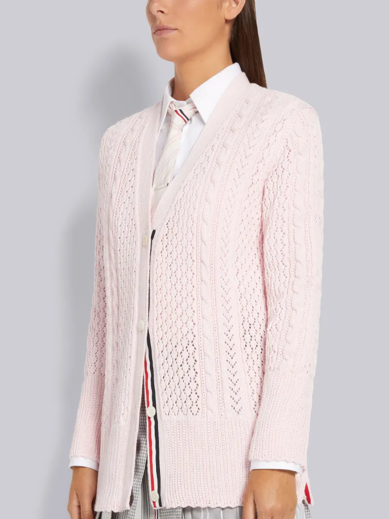 Light Pink Cotton Mixed Pointelle Cable Knit Elongated V-Neck Cardigan