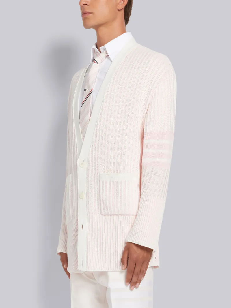 Light Pink Cotton Seersucker Jacquard 4-Bar V-Neck Cardigan