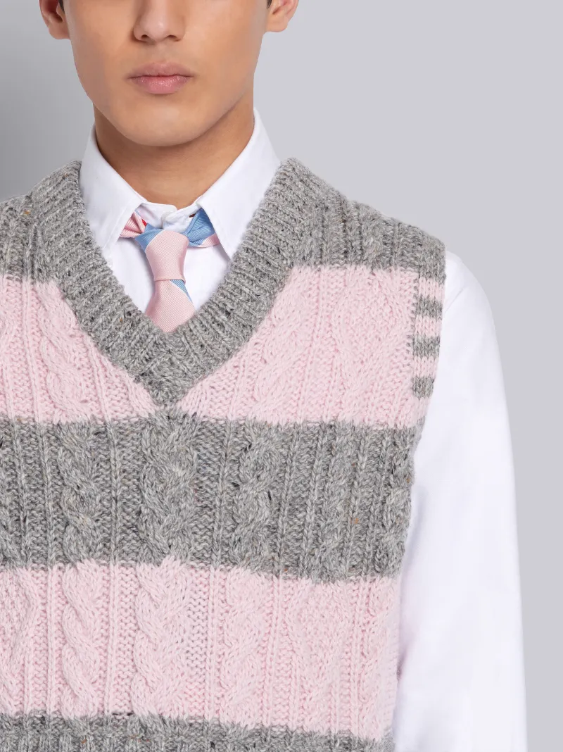 Light Pink Mohair Tweed Aran Cable Rugby Stripe V-neck Vest