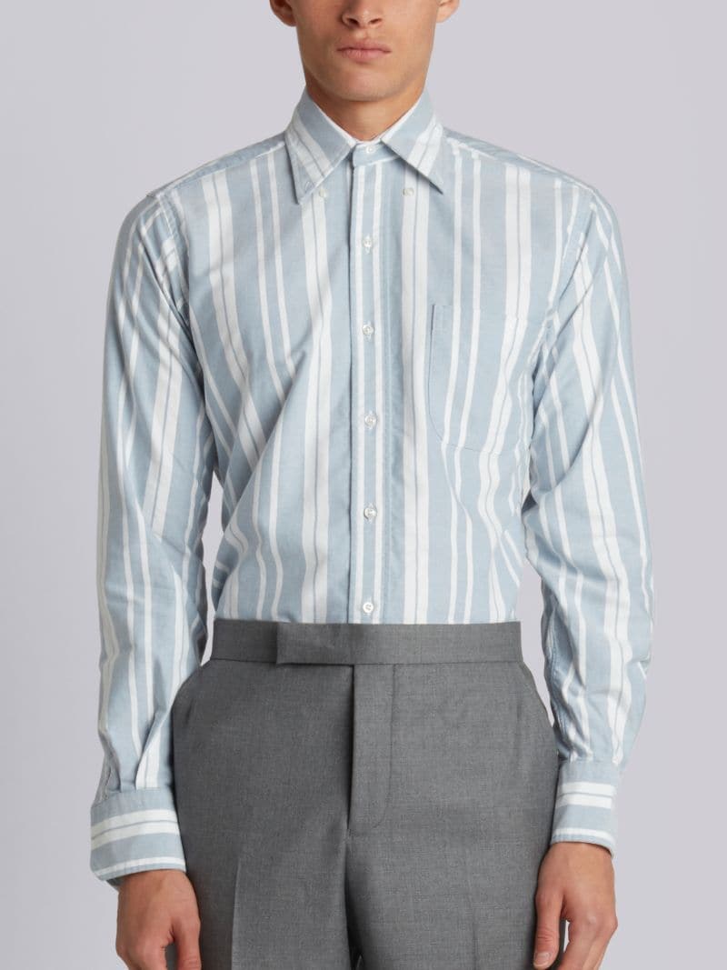 Long Sleeve Button Down Shirt In Blue Thom Browne Tartan Stripe Oxford