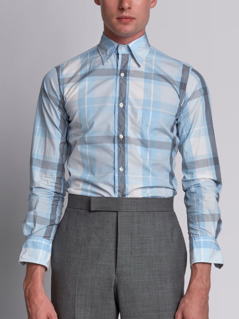 Long Sleeve Button Down Shirt In Large Blue And Grey Check Poplin