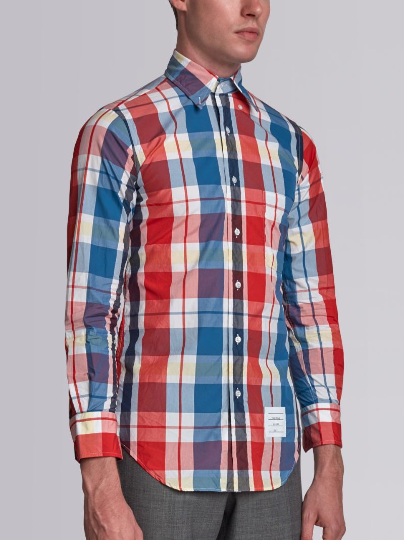 Long Sleeve Button Down Shirt In Large Red And Blue Check Poplin