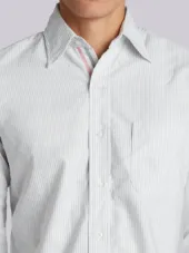 Long Sleeve Button Down With Engineered Red, White And Blue Placket In Grey University Stripe Oxford