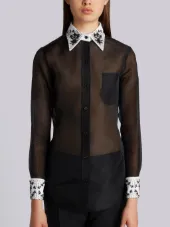 Long Sleeve Button Down With French Cuffs & Wallpaper Floral Emboidery In Black Double Organza
