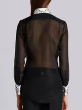 Long Sleeve Button Down With French Cuffs & Wallpaper Floral Emboidery In Black Double Organza