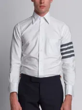 Long Sleeve Shirt With Black And White Woven 4-Bar Stripe In White Oxford