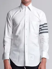 Long Sleeve Shirt With Black And White Woven 4-Bar Stripe In White Oxford