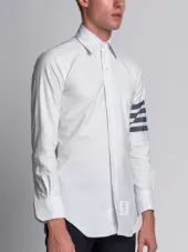 Long Sleeve Shirt With Black And White Woven 4-Bar Stripe In White Oxford