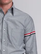 Long Sleeve Shirt With Grosgrain Armbands In Navy Oxford