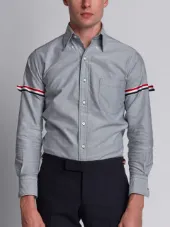 Long Sleeve Shirt With Grosgrain Armbands In Navy Oxford