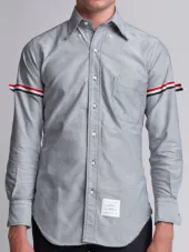 Long Sleeve Shirt With Grosgrain Armbands In Navy Oxford