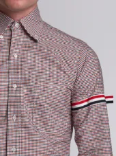 Long Sleeve Shirt With Grosgrain Armbands In Red, White And Blue Check Oxford
