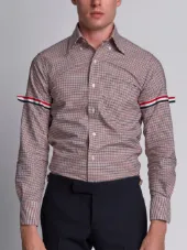 Long Sleeve Shirt With Grosgrain Armbands In Red, White And Blue Check Oxford