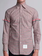 Long Sleeve Shirt With Grosgrain Armbands In Red, White And Blue Check Oxford