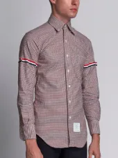Long Sleeve Shirt With Grosgrain Armbands In Red, White And Blue Check Oxford