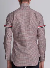 Long Sleeve Shirt With Grosgrain Armbands In Red, White And Blue Check Oxford