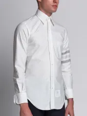 Long Sleeve Shirt With Medium Grey Woven 4-Bar Stripe In White Oxford