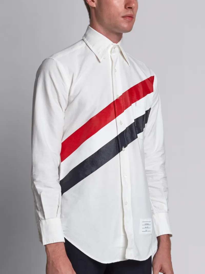 Long Sleeve Shirt With Printed Diagonal Stripe In White Oxford