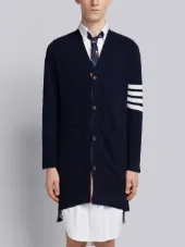 Long V-Neck Cardigan With White 4-Bar Stripe In Cashmere