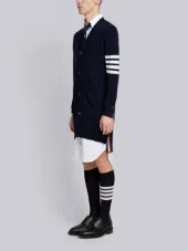Long V-Neck Cardigan With White 4-Bar Stripe In Cashmere