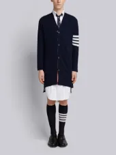 Long V-Neck Cardigan With White 4-Bar Stripe In Cashmere
