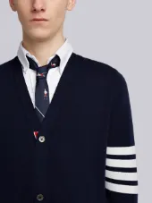 Long V-Neck Cardigan With White 4-Bar Stripe In Cashmere