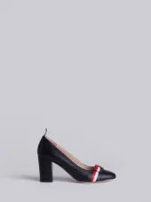 Medium Block Heel With Red, White And Blue Leather Bow In Pebble Grain