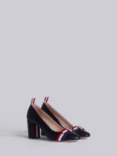Medium Block Heel With Red, White And Blue Leather Bow In Pebble Grain