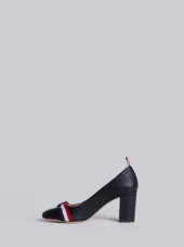 Medium Block Heel With Red, White And Blue Leather Bow In Pebble Grain