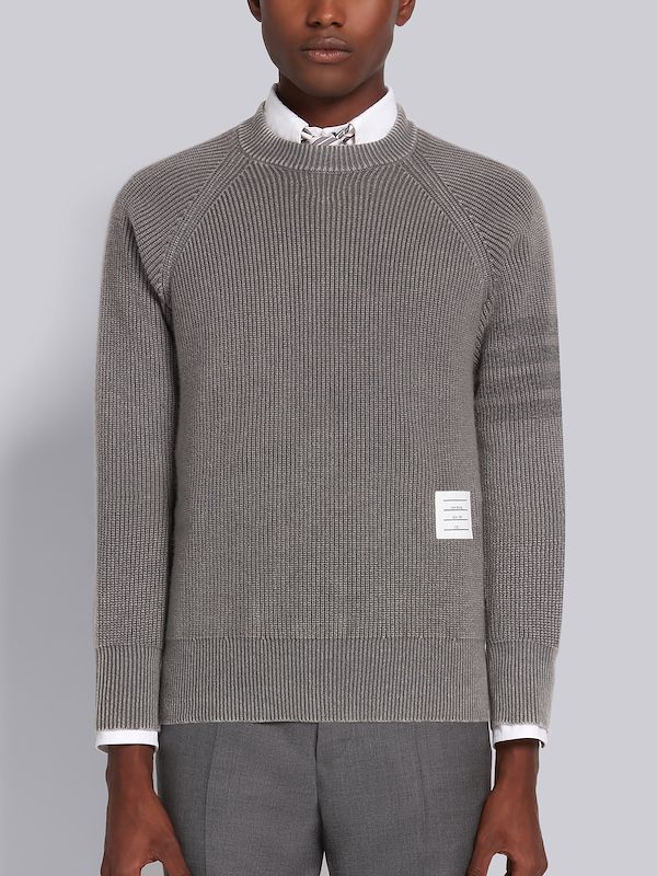 Medium Grey Cashmere Garment Dyed Half Cardigan Stitch Relaxed 4-Bar Crewneck Pullover