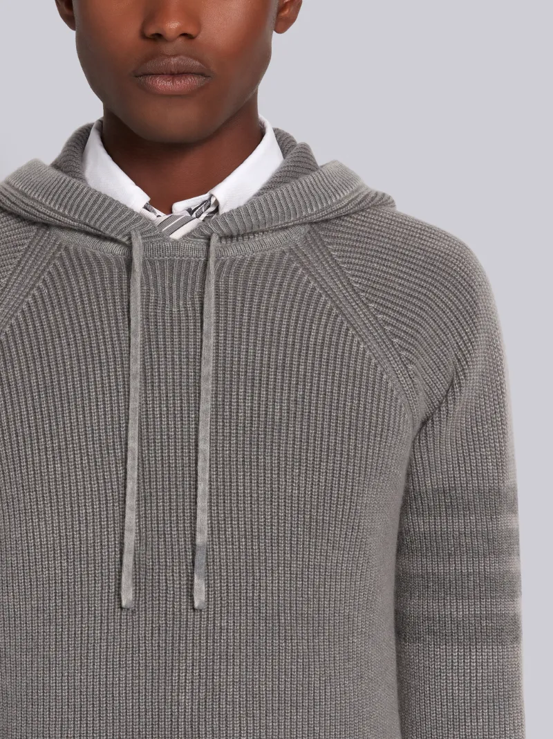 Medium Grey Cashmere Garment Dyed Half Cardigan Stitch Relaxed 4-Bar Pullover Hoodie