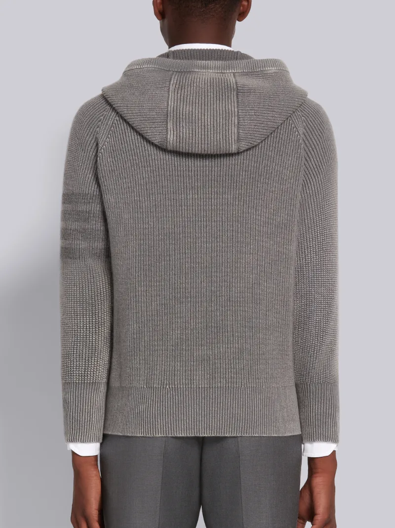 Medium Grey Cashmere Garment Dyed Half Cardigan Stitch Relaxed 4-Bar Pullover Hoodie