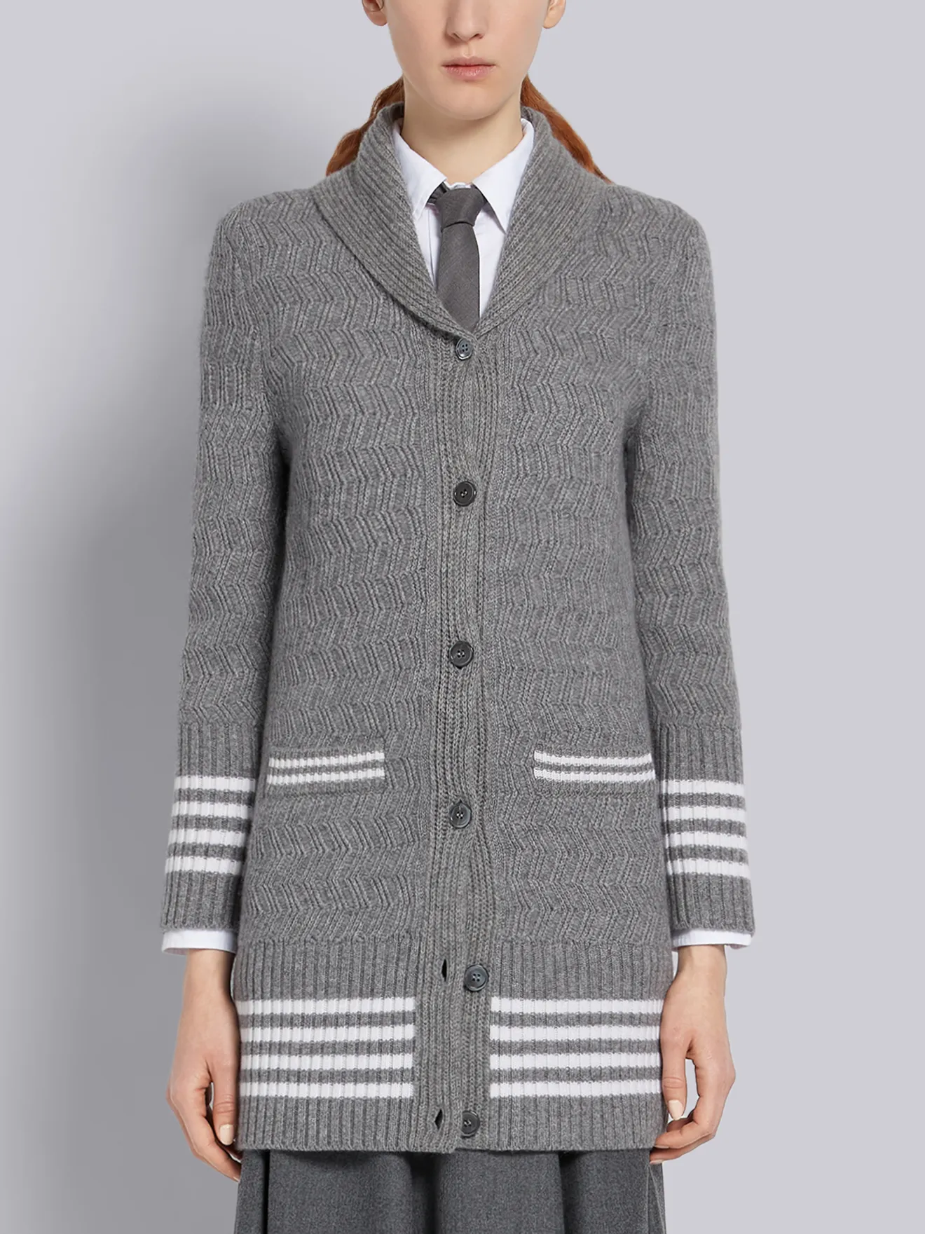 grey shawl collar cardigan