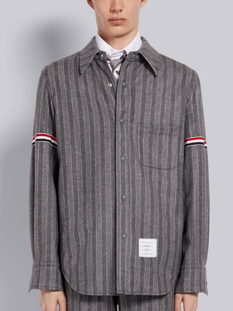 Medium Grey Chalk Stripe Wool Flannel Armband Snap Front Shirt Jacket