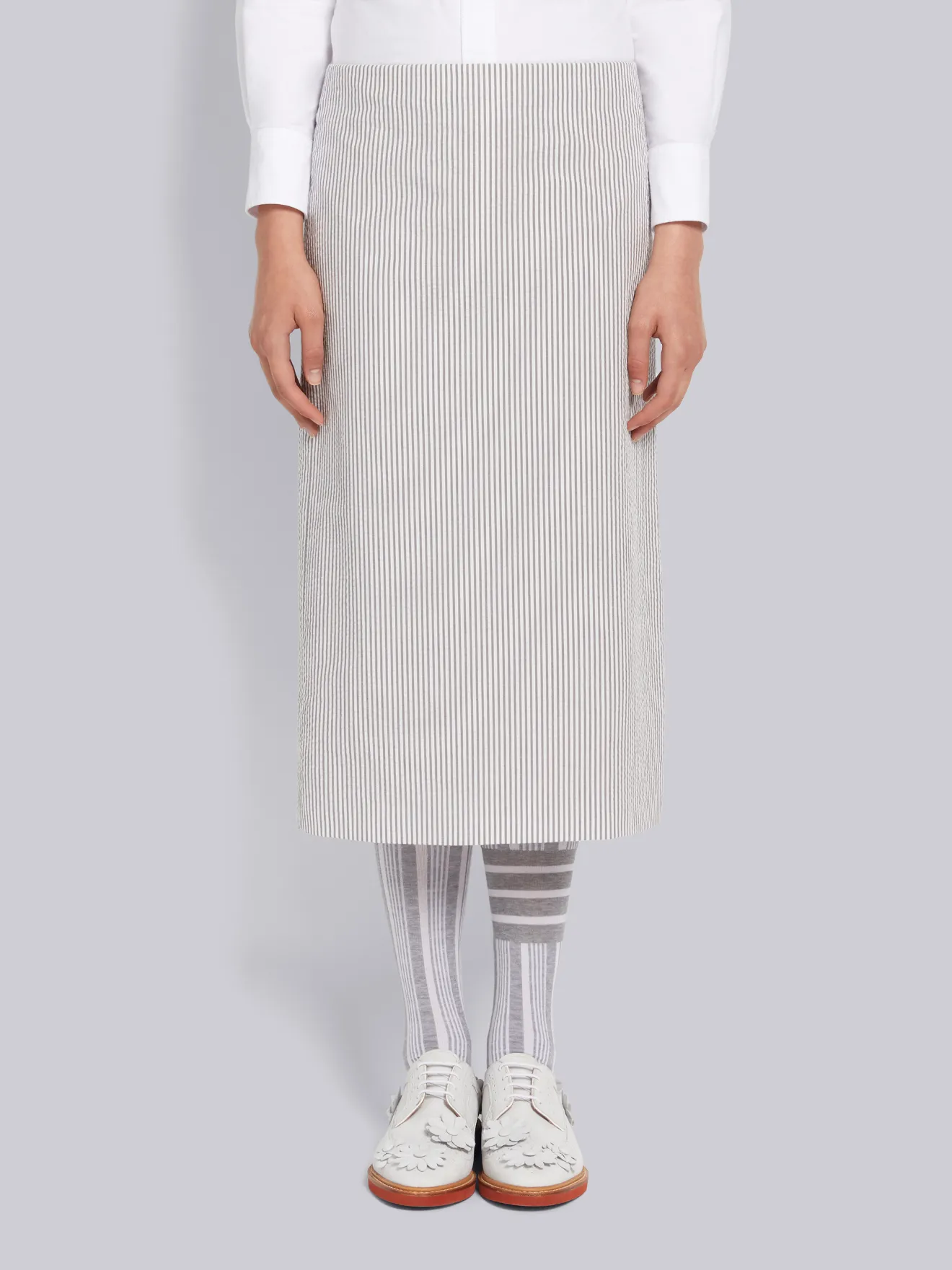 Medium Grey Cotton Seersucker Low Rise Mid Calf Pencil Skirt Thom Browne