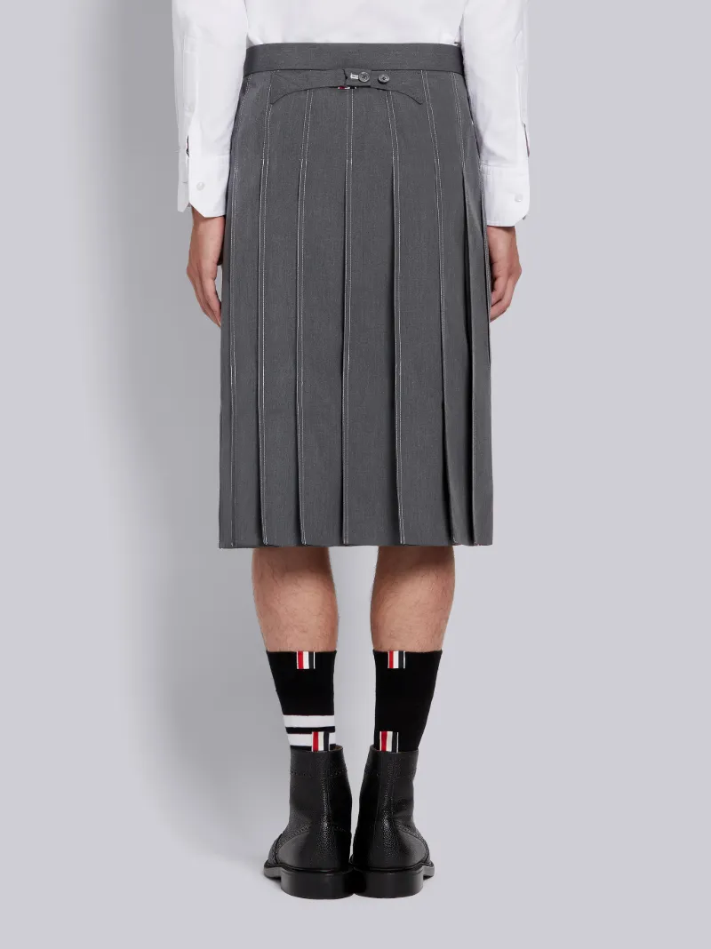 Medium Grey Cotton Typewriter Cloth Double Needle Stitch Knee Length Pleated Classic Skirt