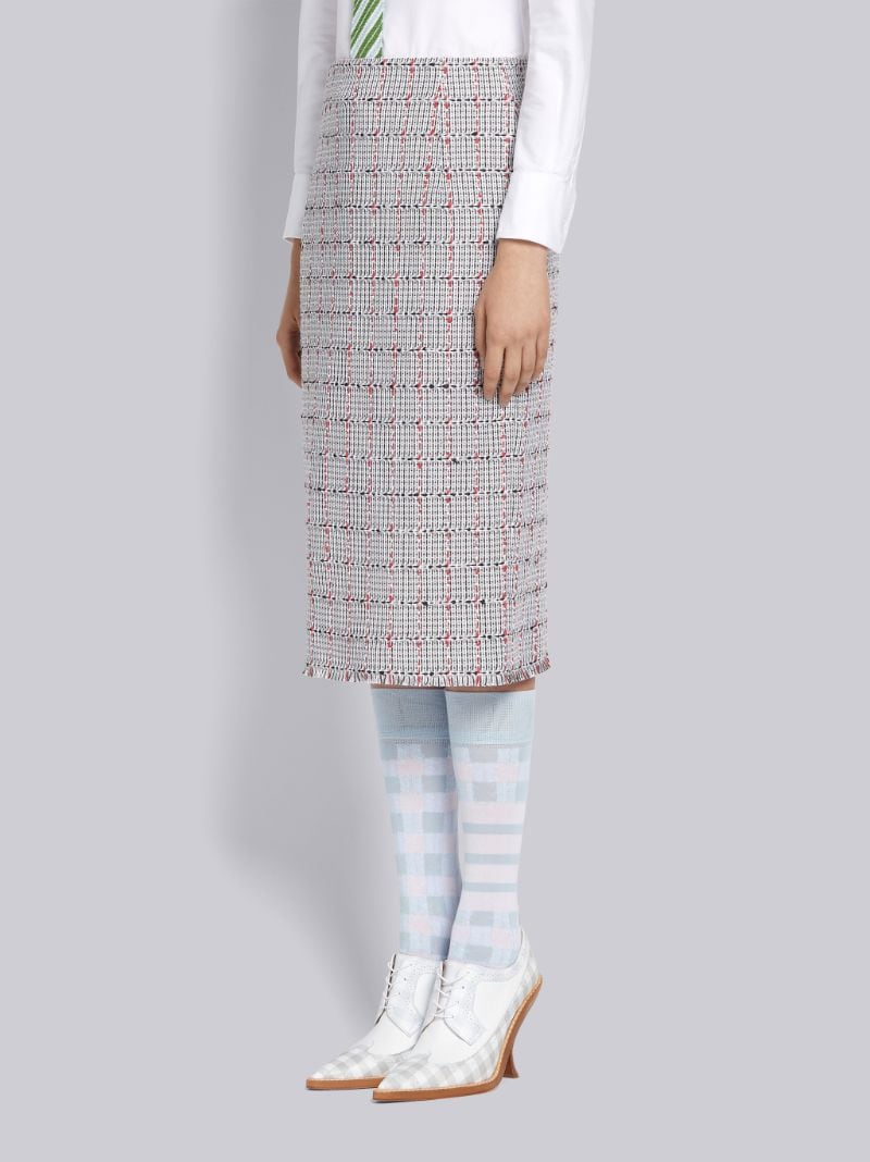 Medium Grey Cotton Windowpane University Check Tweed Frayed Low Rise Knee Pencil Skirt