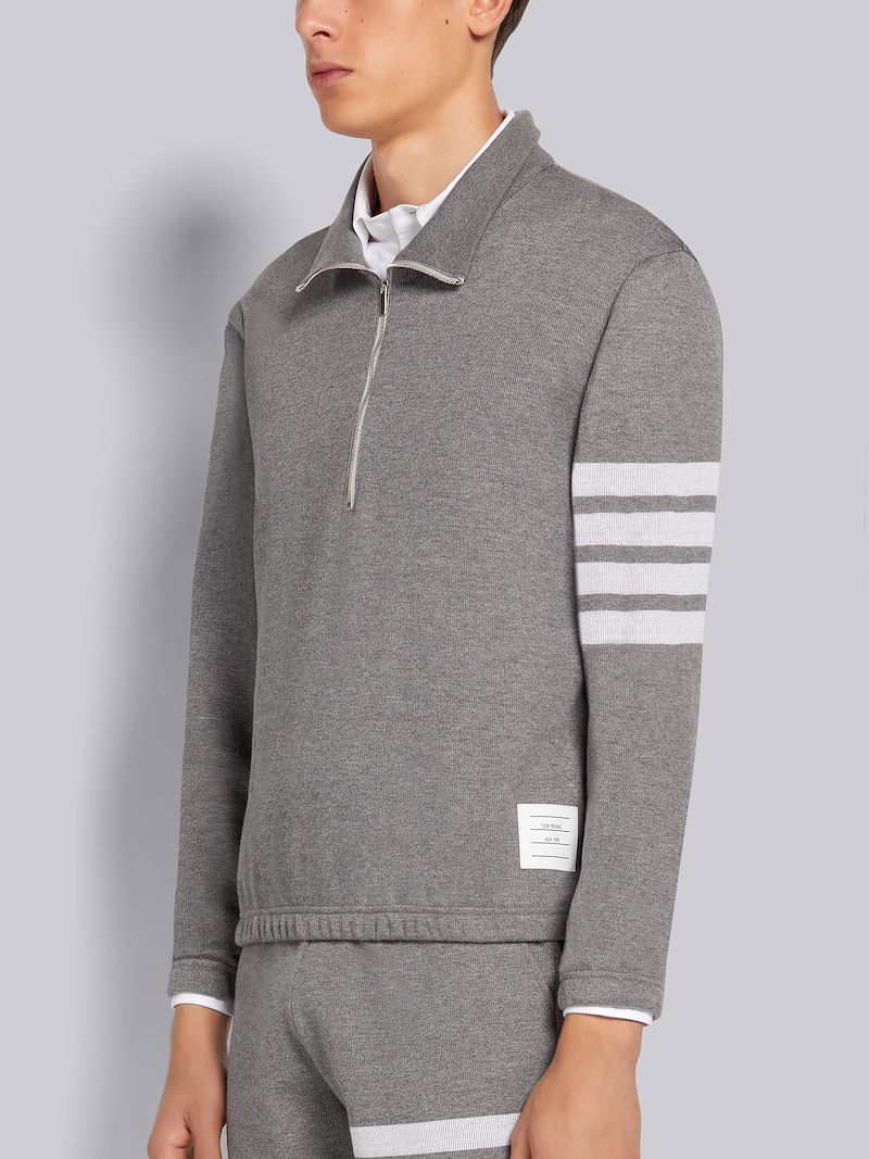 Medium Grey Double Face Cotton Knit 4-Bar Stripe Half Zip Funnel Neck Pullover