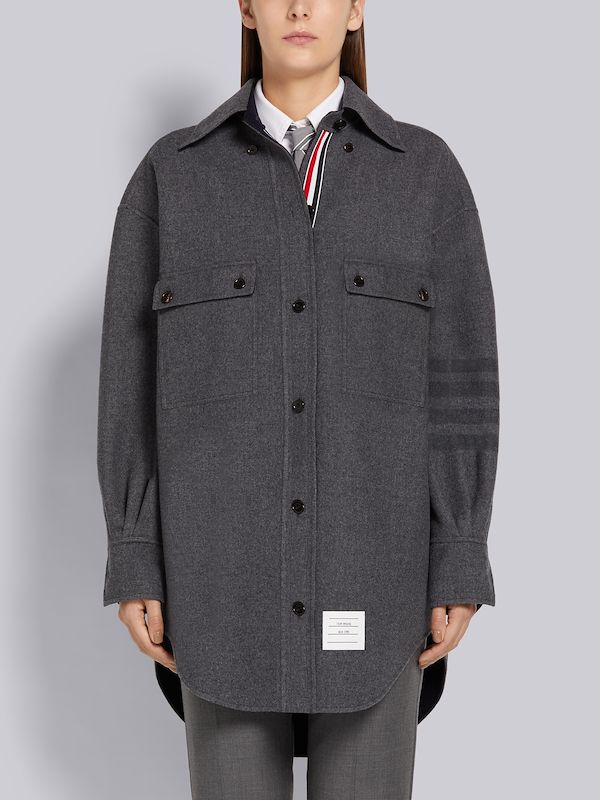 Medium Grey Double Face Melton Wool Engineered 4-Bar Long-sleeved Supersized Shirtdress
