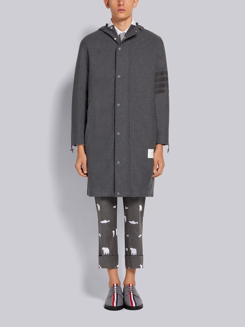 Medium Grey Double Face Tech Twill Tonal 4-Bar Stripe Long Hooded Snap Front Parka