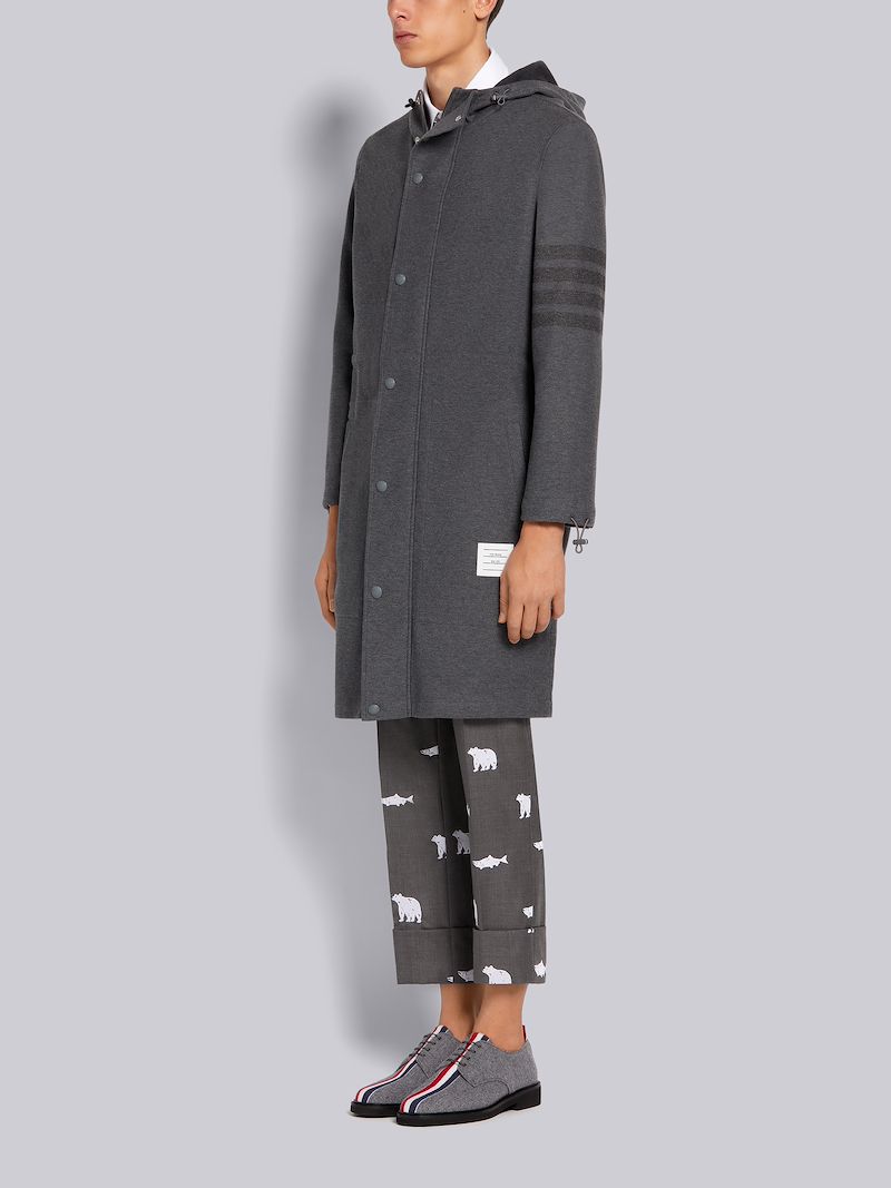 Medium Grey Double Face Tech Twill Tonal 4-Bar Stripe Long Hooded Snap Front Parka