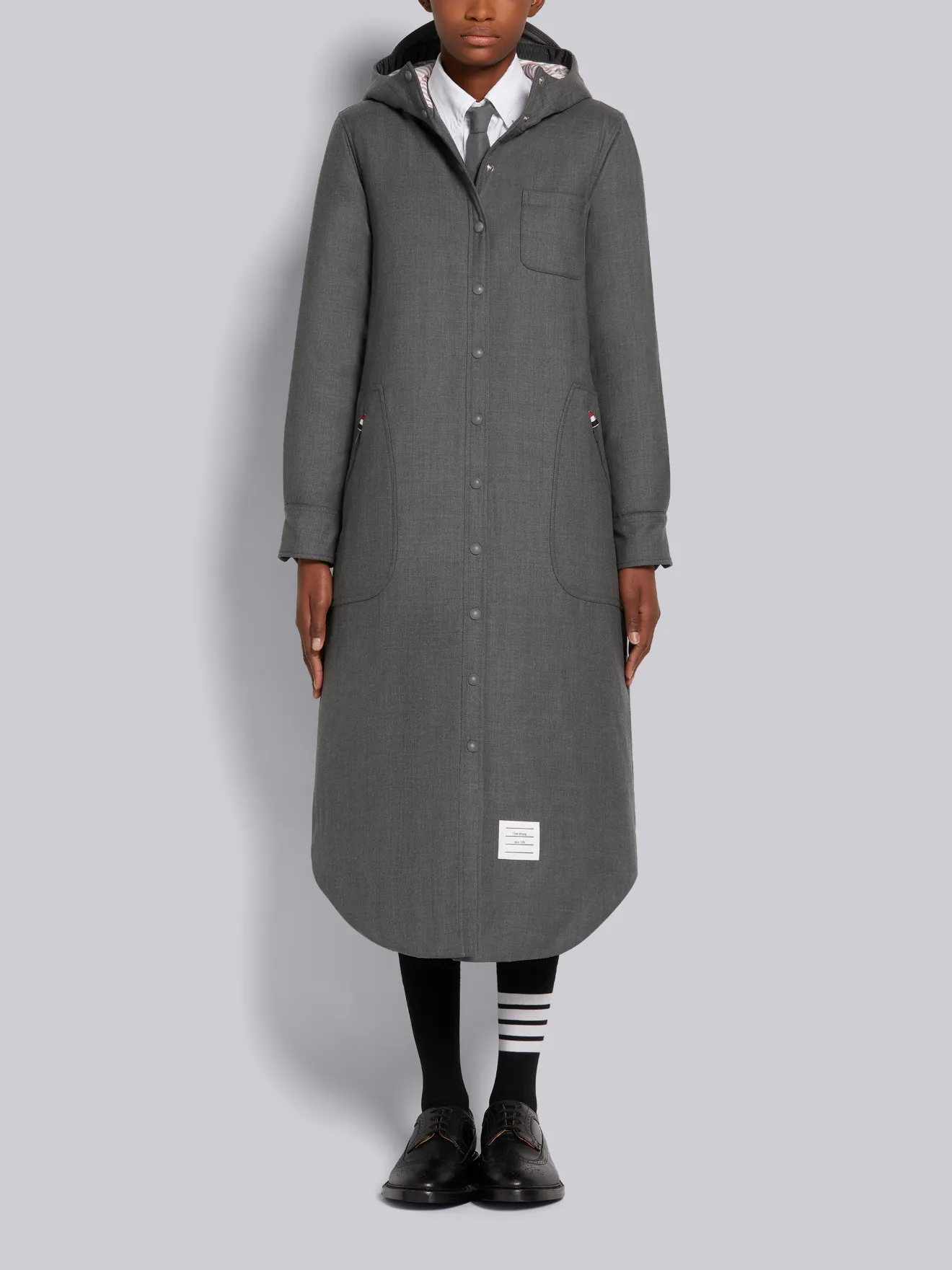 Thom Browne - Super 120's Twill Down Hooded Patch Pocket Jacket - 44 - Grey - Female