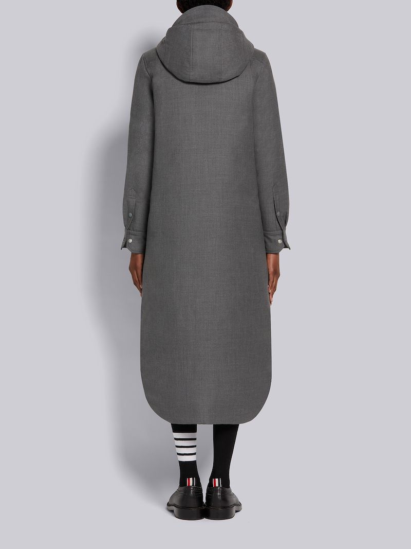 Medium Grey Down-filled Super 120's Wool Twill Drawstring Mid-calf Hooded Shirtdress