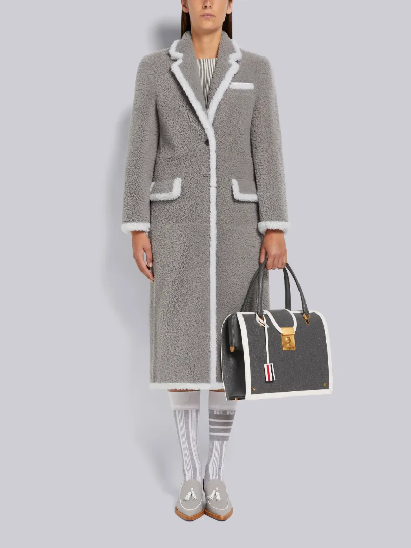 Medium Grey Dyed Shearling Contrast Framing Wide Lapel Overcoat