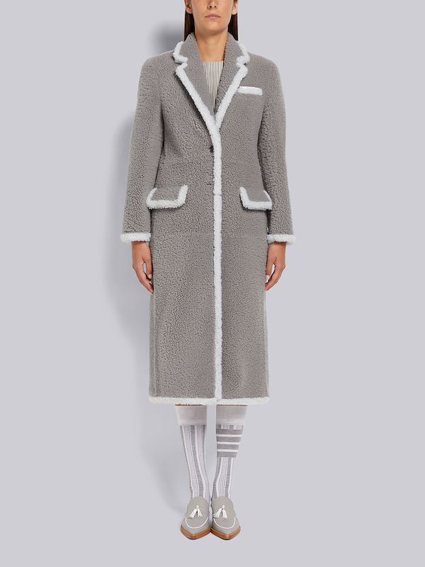 Medium Grey Dyed Shearling Contrast Framing Wide Lapel Overcoat
