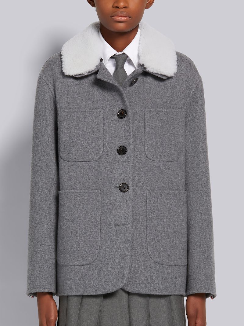 Medium Grey Felted Wool Cashmere Shearling Trim Engineered Stripe Round Collar Button Front Jacket