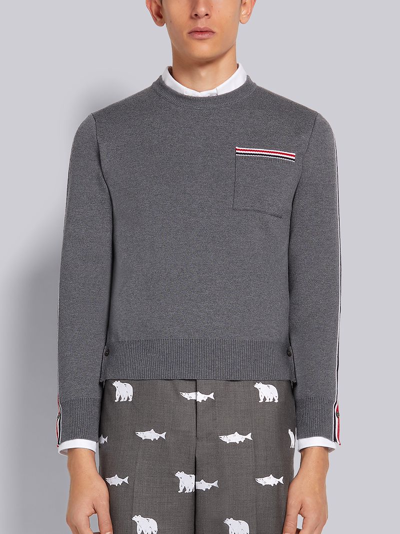 Medium Grey Fine Merino Wool Intarsia Stripe Milano Stitch Crew Neck Pullover