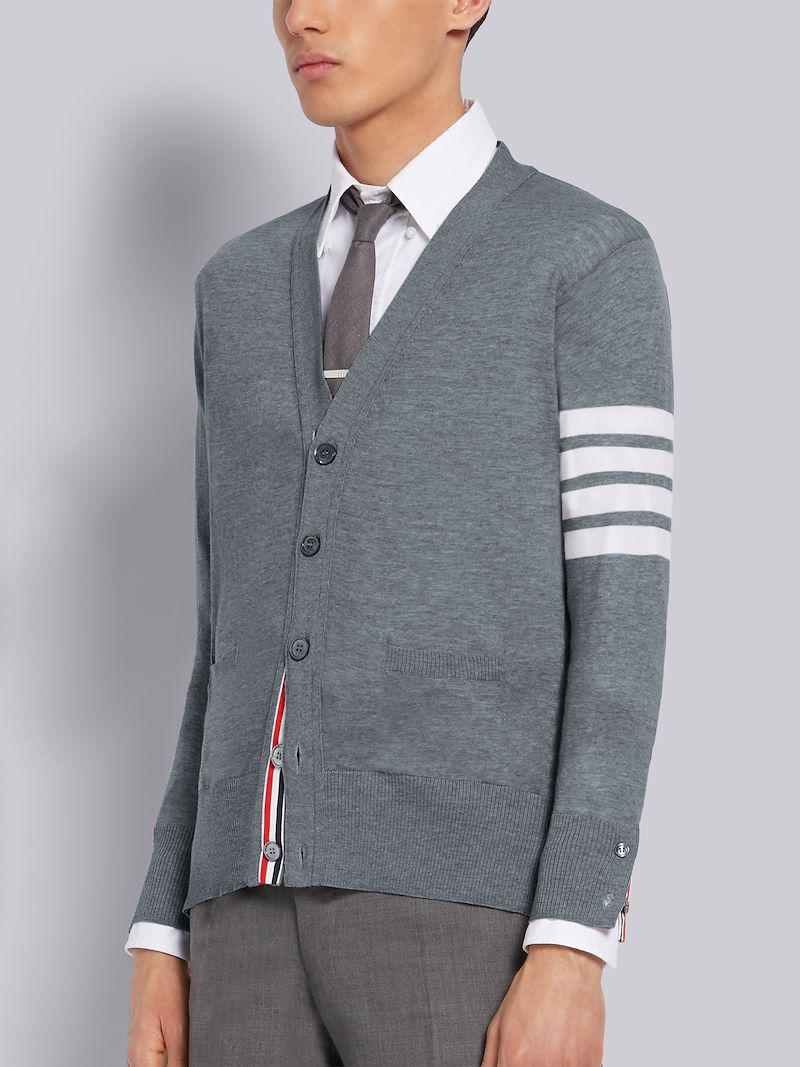 Medium Grey Fine Merino Wool V-neck 4-Bar Cardigan