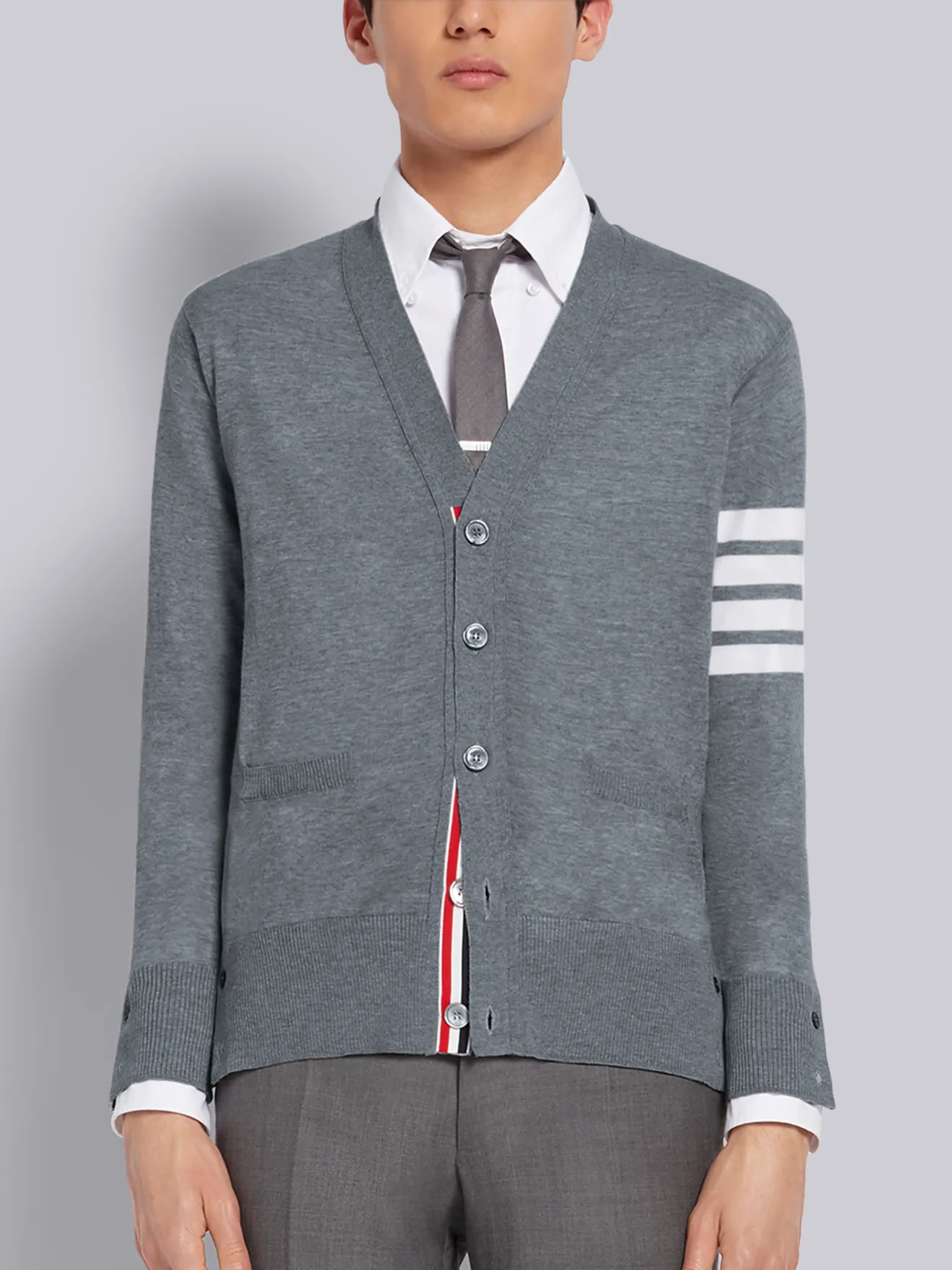 Medium Grey Fine Merino Wool V-neck 4-Bar Cardigan | Thom Browne