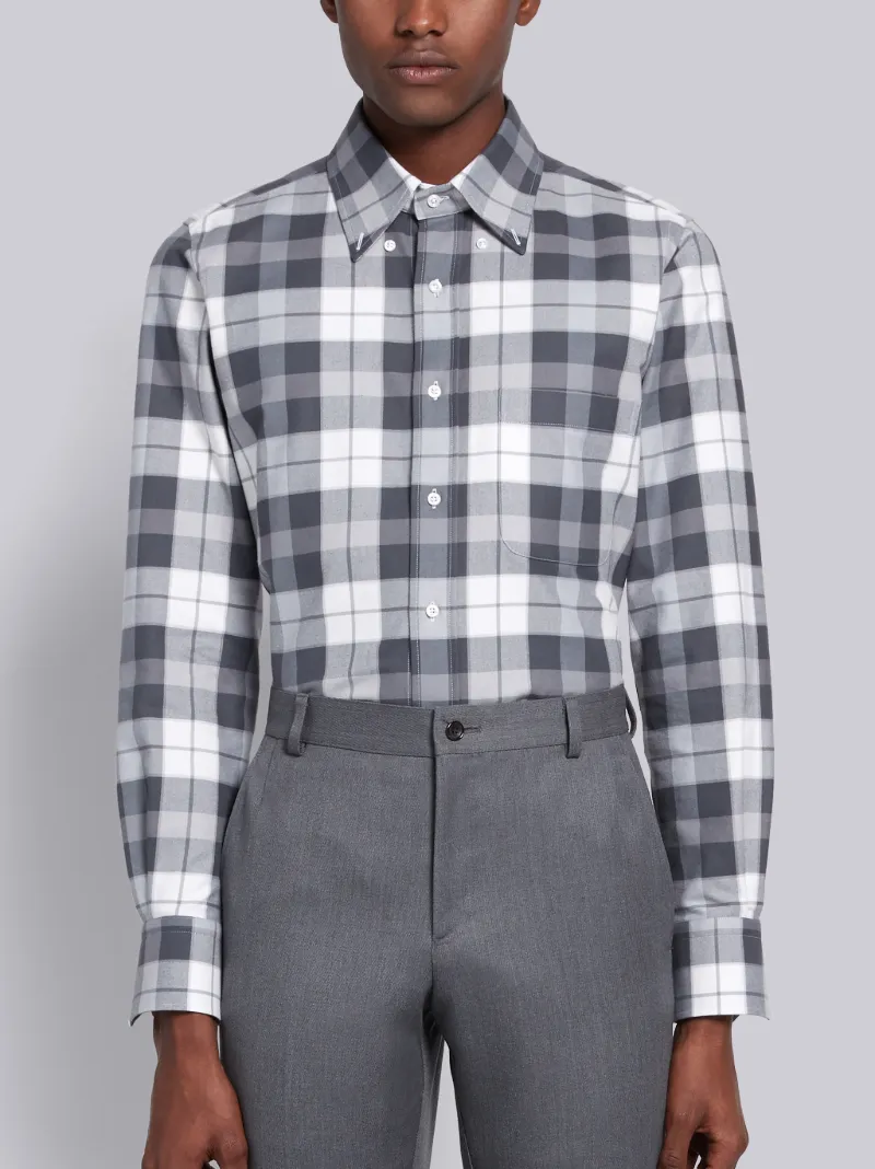 Medium Grey Flannel Tartan Check Straight Fit Long Sleeve Shirt